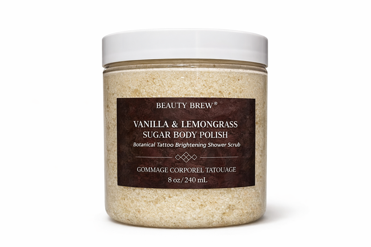 Pre and Post Tattoo Sugar Body Polish w/ Vanilla and Lemongrass beauty brew